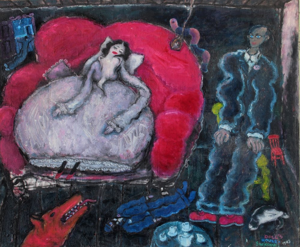 Michael Sarjeant - Doll's house tableau with dog and Charlie Bananas
